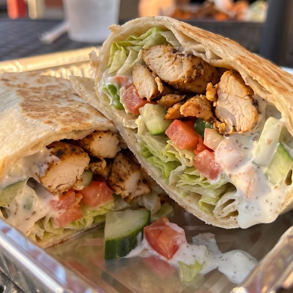 Two halves of a chicken wrap with lettuce, tomatoes, cucumbers, and white sauce in a foil container.