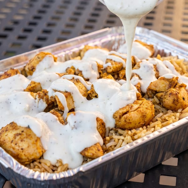 Creamy white sauce being poured over seasoned chicken and rice in a foil takeout container.