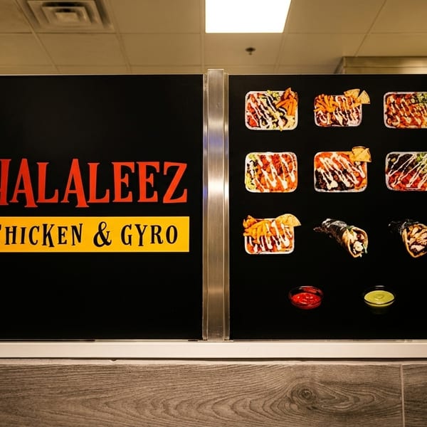 Halaleez Chicken & Gyro menu board with logo and food images, including bowls, wraps, and sauces.