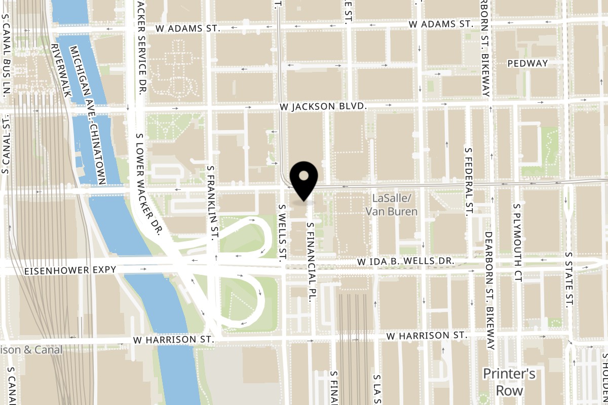 Map showing the location of Halaleez Chicken and Gyro Chicago Financial District on 400 S Financial Pl a5 in Chicago